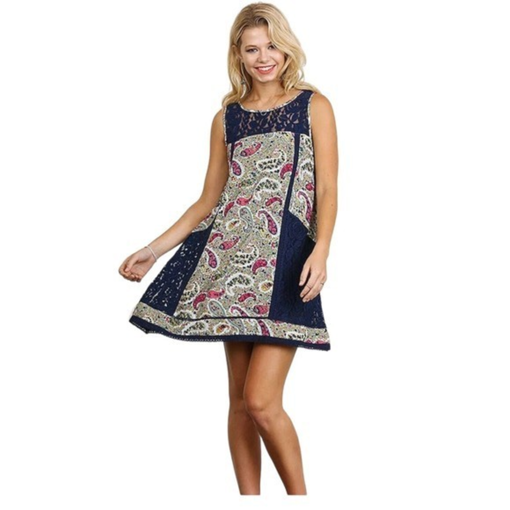 Umgee Multicolored Paisley Sheer Lace Bohemian Sleeveless Mini Dress Small